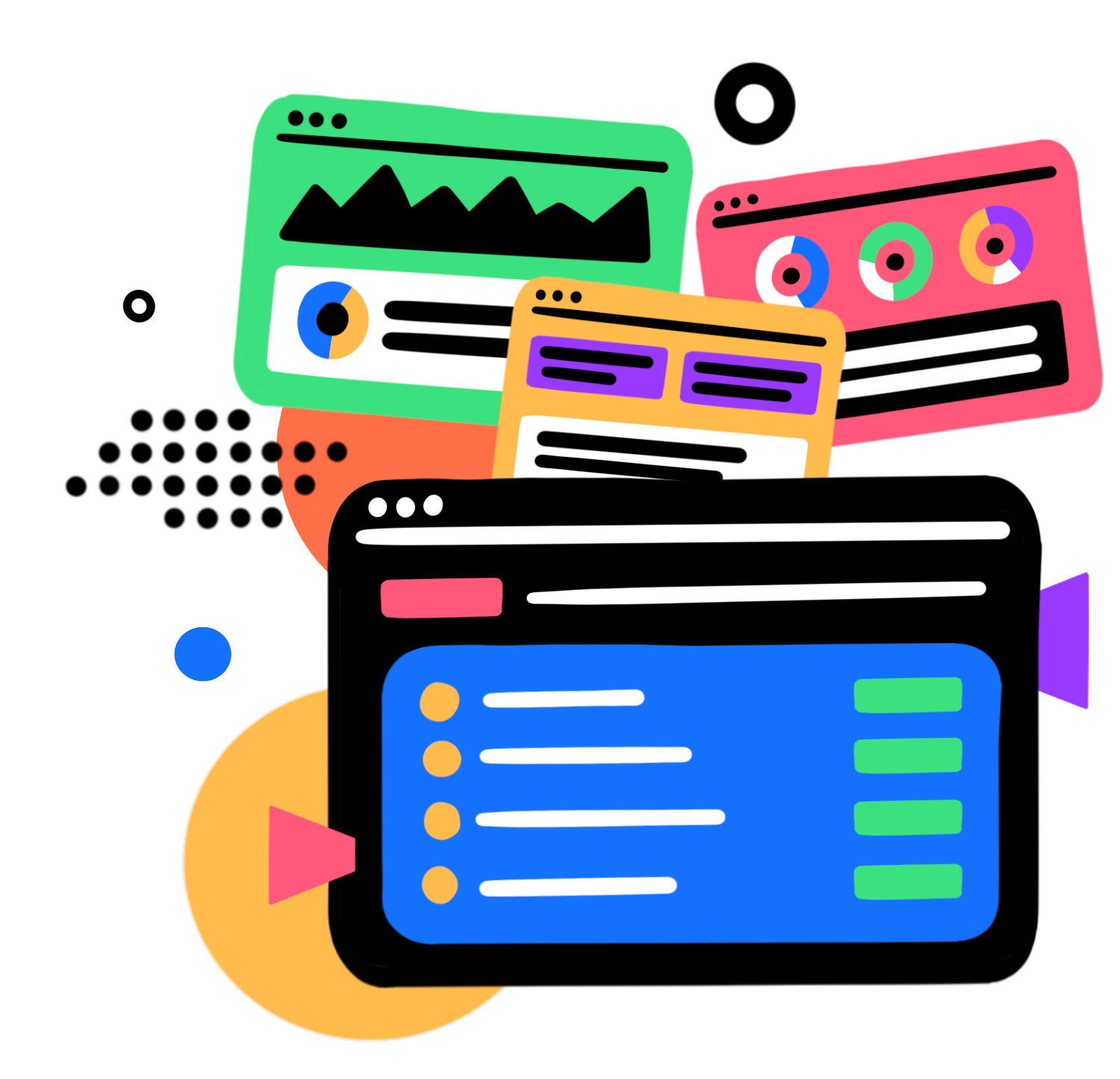 Colorful web browser and content cards in a flat design illustration