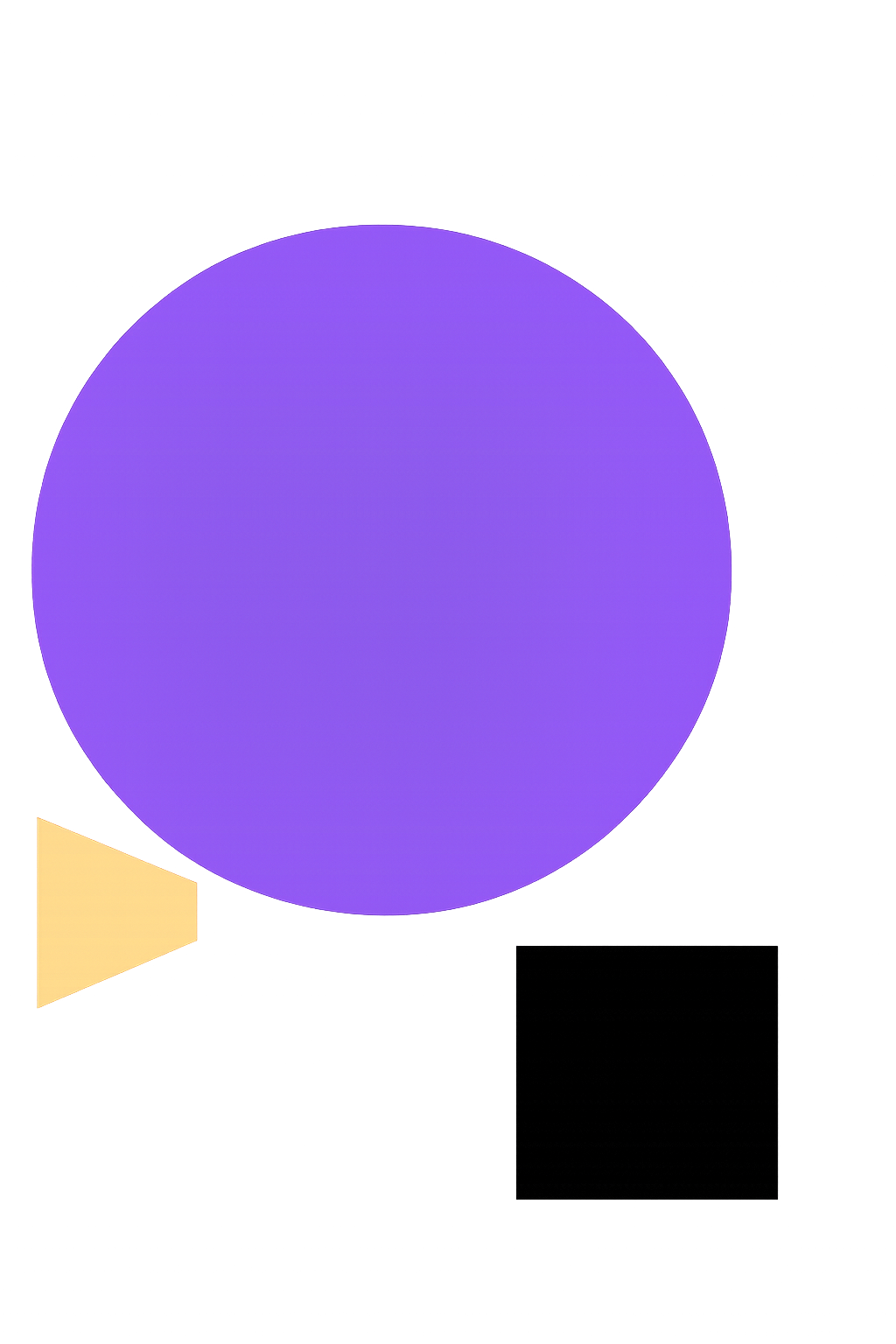 Large purple circle with a small yellow triangle and black square on a white background