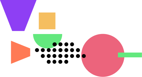 Abstract colorful geometric shapes with a large pink circle, black dots, and green, purple, orange, and yellow blocks