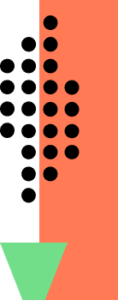 Abstract black dot pattern on white and coral background with a green triangle at bottom