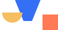 Abstract geometric shapes in blue, yellow, and coral on a white background