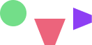 Three colorful geometric shapes on a white background: green circle, pink trapezoid, and purple triangle