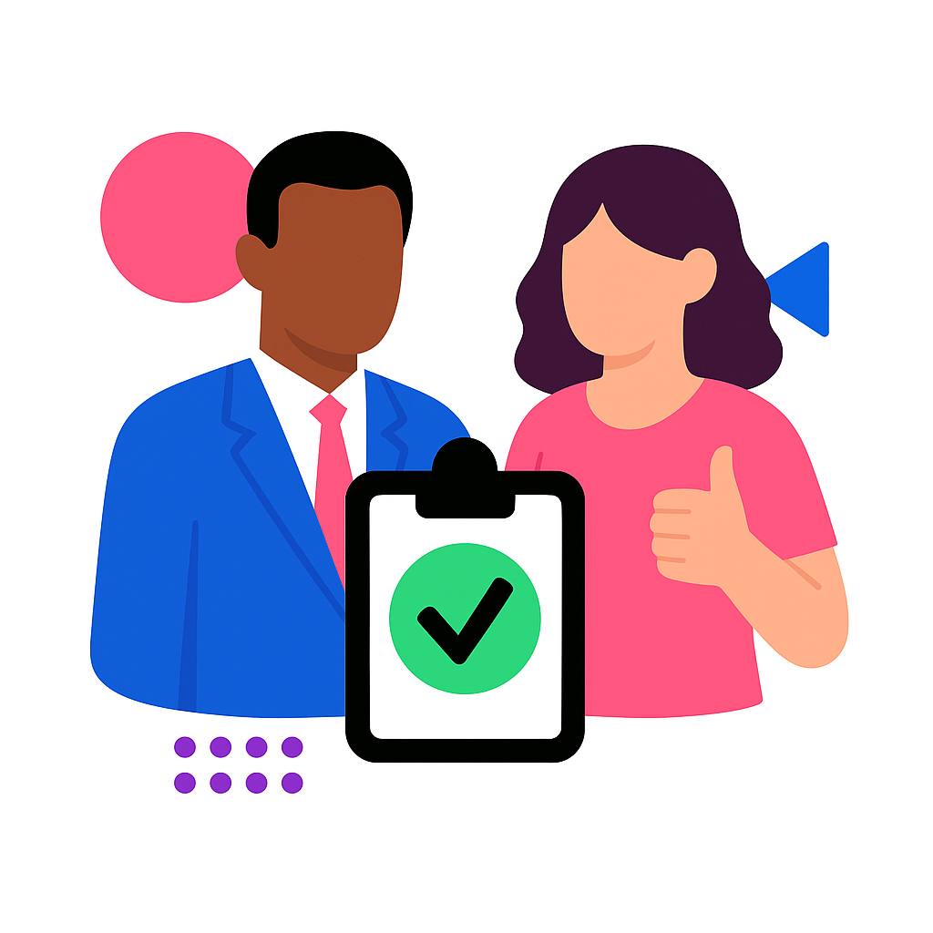 Two people beside a clipboard with a green checkmark, indicating approval or completion