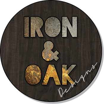 a sign that says iron and oak designs on it