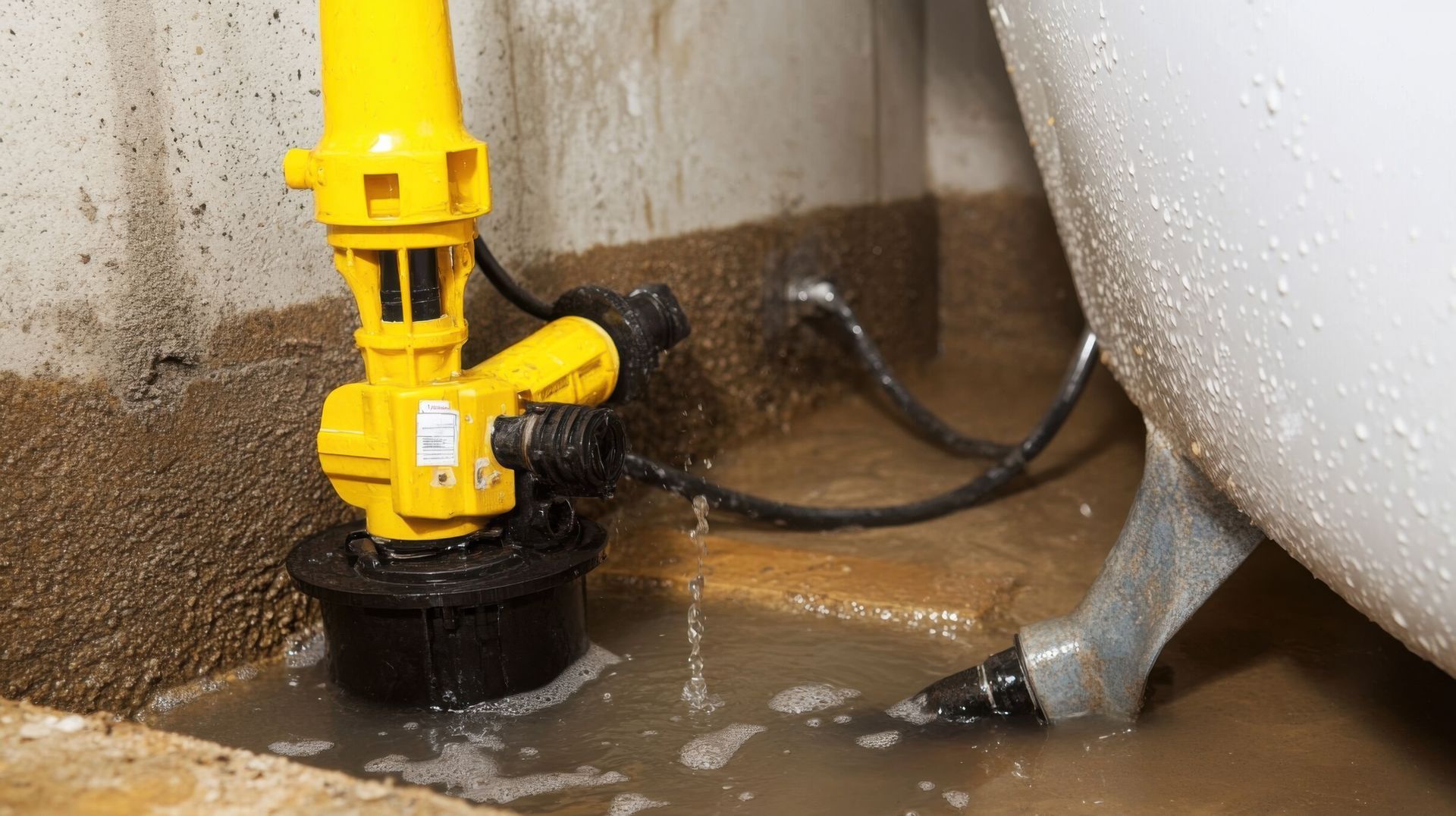 Yellow sump pump repair unit draining water from a flooded basement pit.