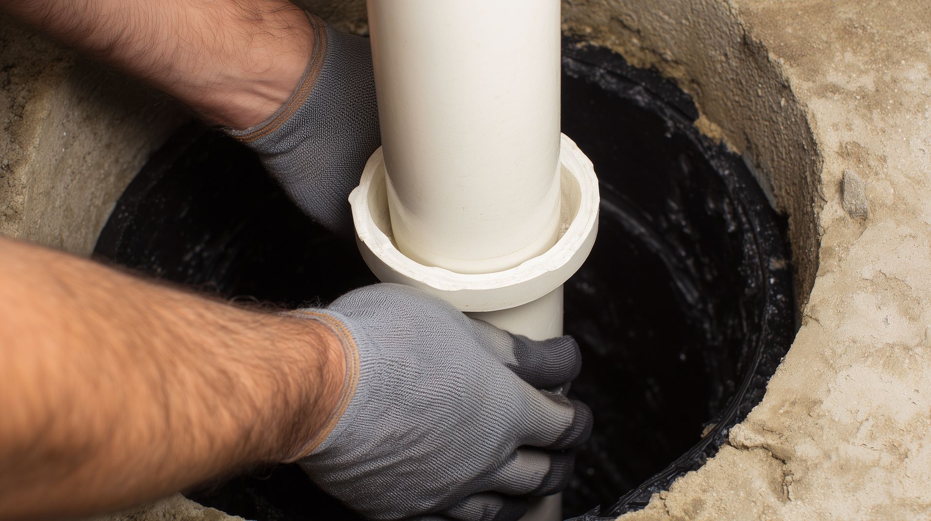 Gloved hands fitting white PVC pipe into a sump pit during sump pump repair