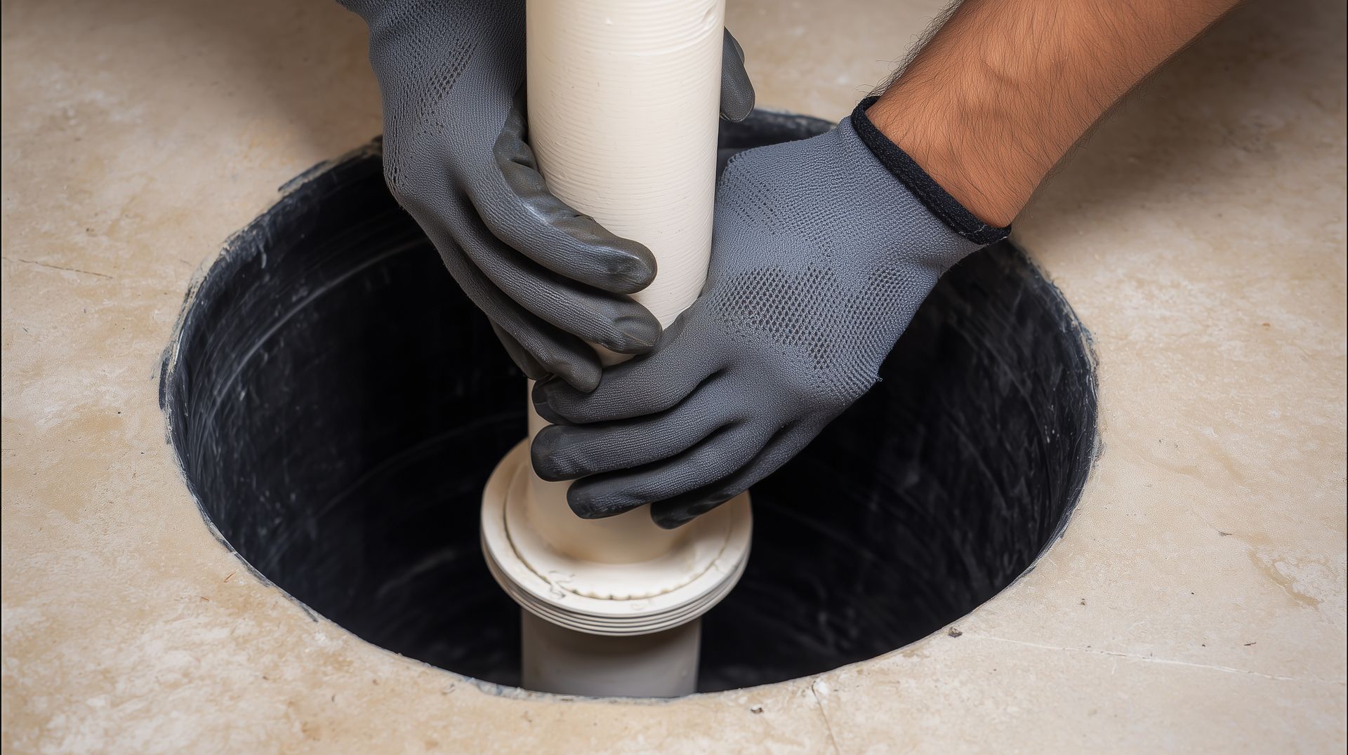 Gloved hands fitting a discharge pipe into a sump pit for sump pump replacement Gloved hands fitting a discharge pipe into a sump pit for sump pump replacement