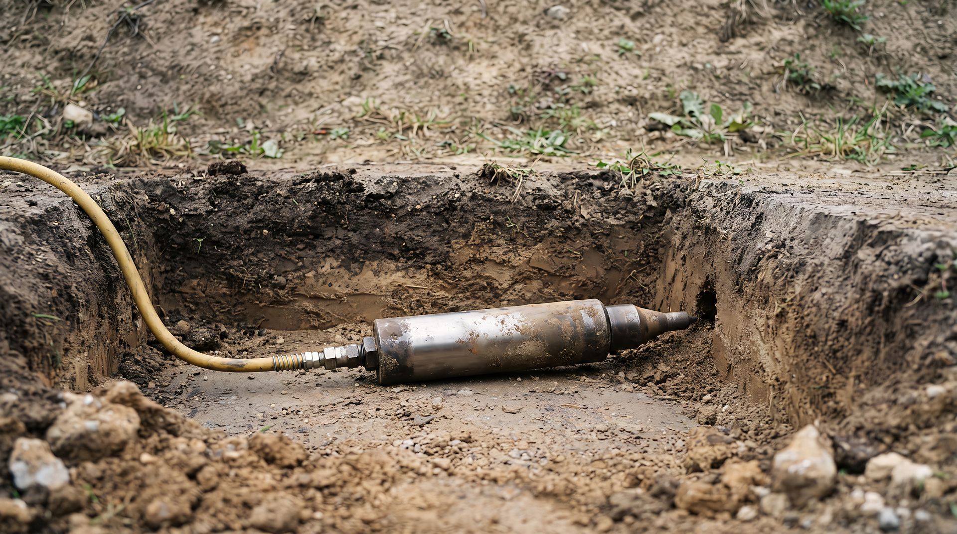 Pipe bursting head in an excavated trench during trenchless water main repair.