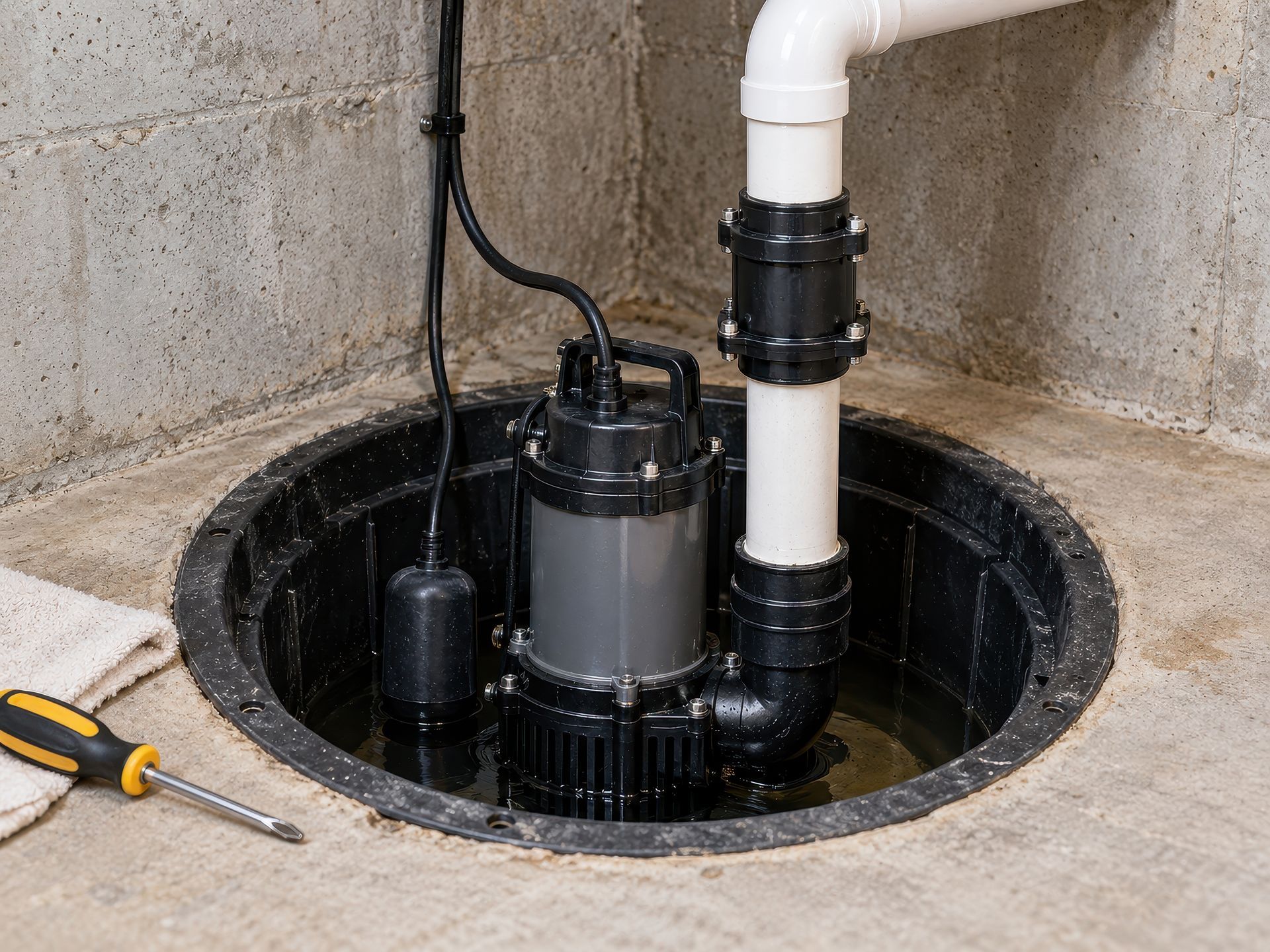 Sump pump in basement pit beside PVC pipe.