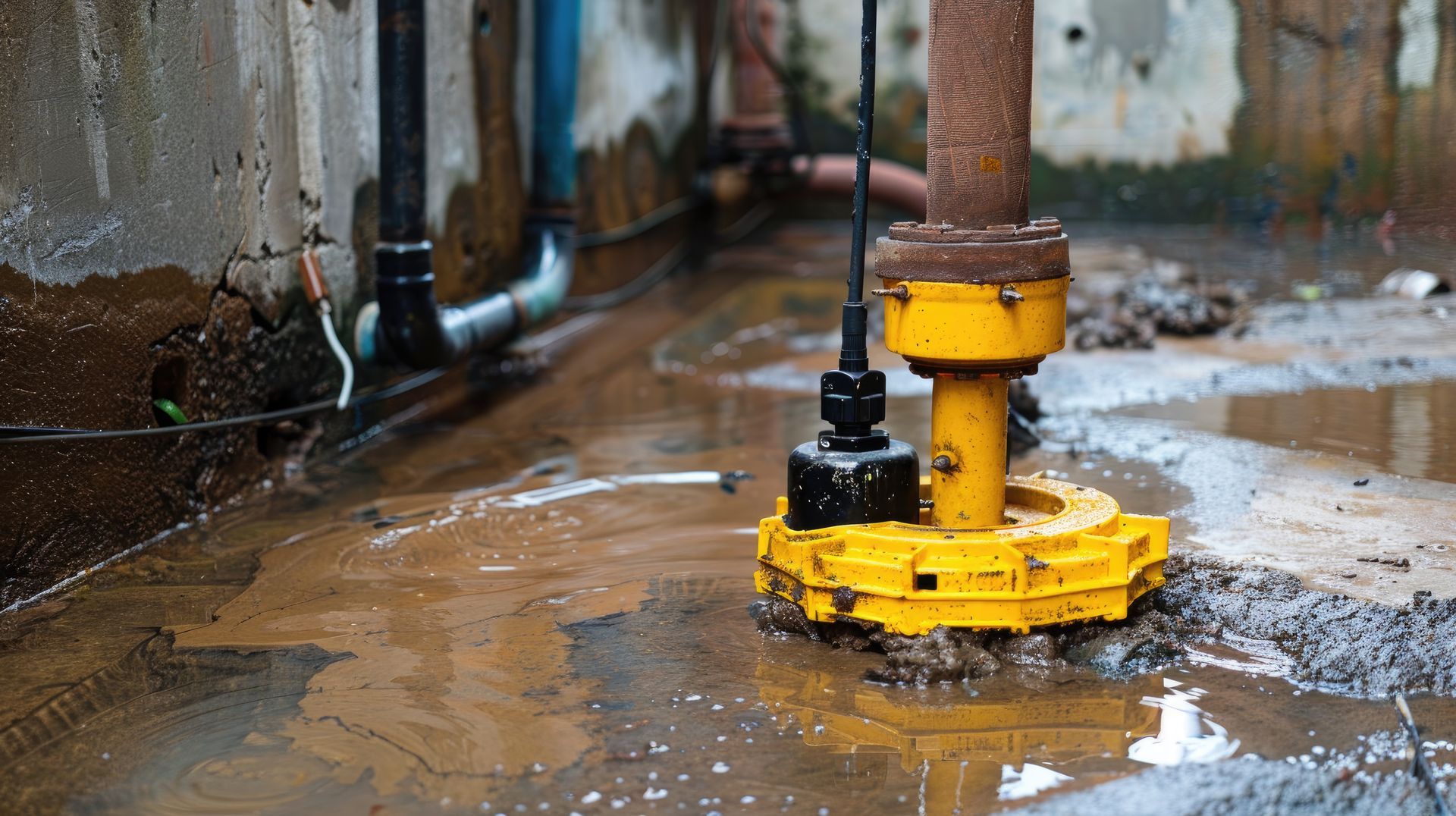 Yellow sump pump in a muddy, flooded basement Yellow sump pump in a muddy, flooded basement