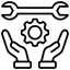 Hands holding a gear with a wrench above, symbolizing technical support or maintenance.