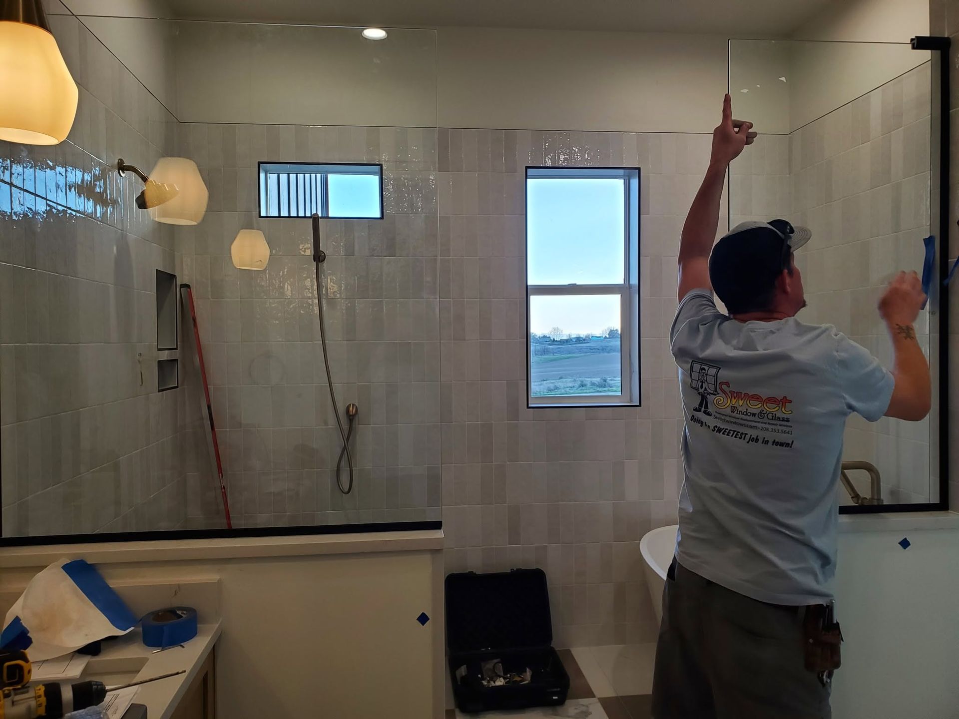 Worker applying tiles in a white bathroom beside a glass shower enclosure and window.
