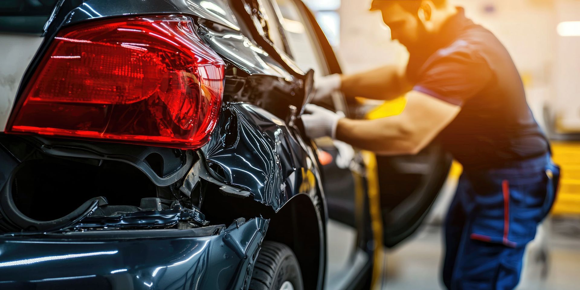 A man is working on a damaged car in a garage.