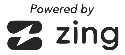 A black and white logo that says `` powered by zing ''.