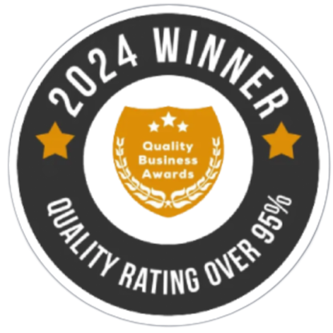 2024 Winner Quality Business Awards badge with 95% quality rating in black, white, and gold