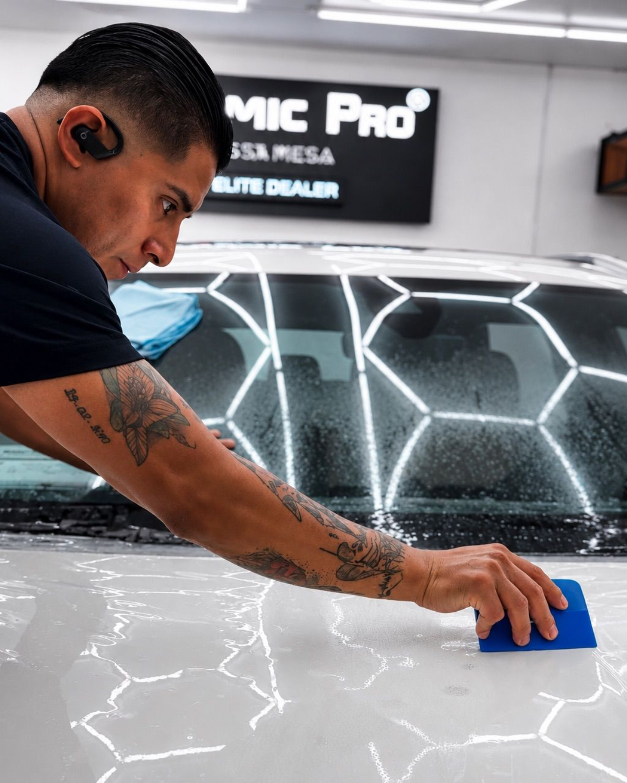 Detailer wiping a white car hood with a blue sponge inside a car detailing shop