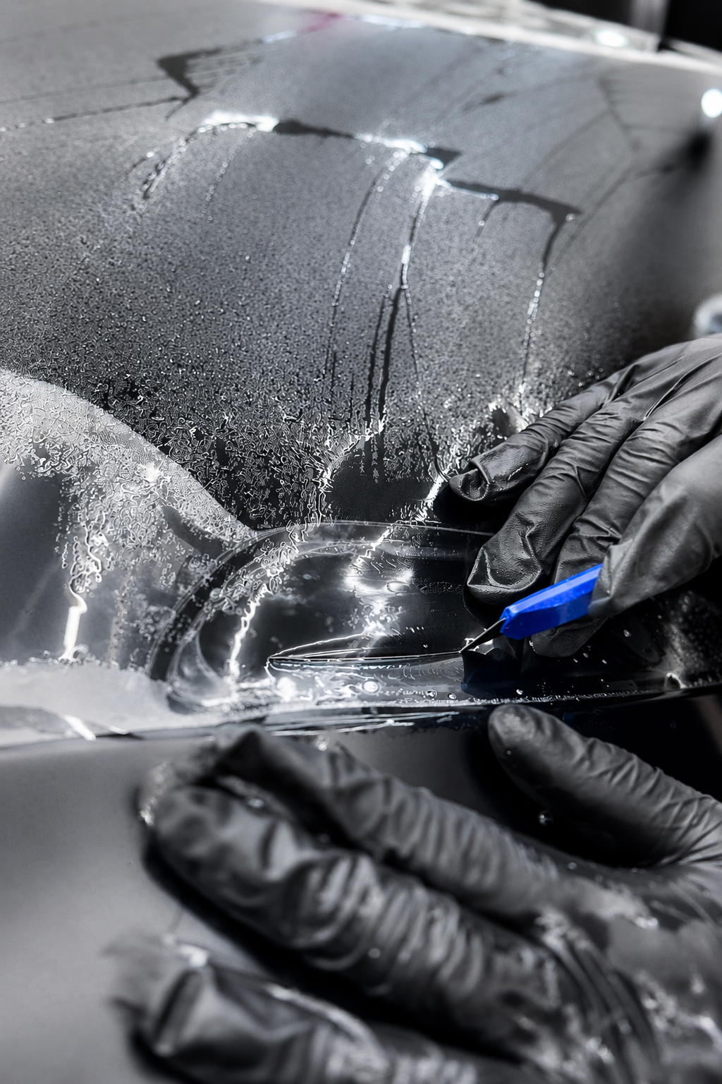 Gloved hands using a blue tool to peel a clear film from a wet black car surface