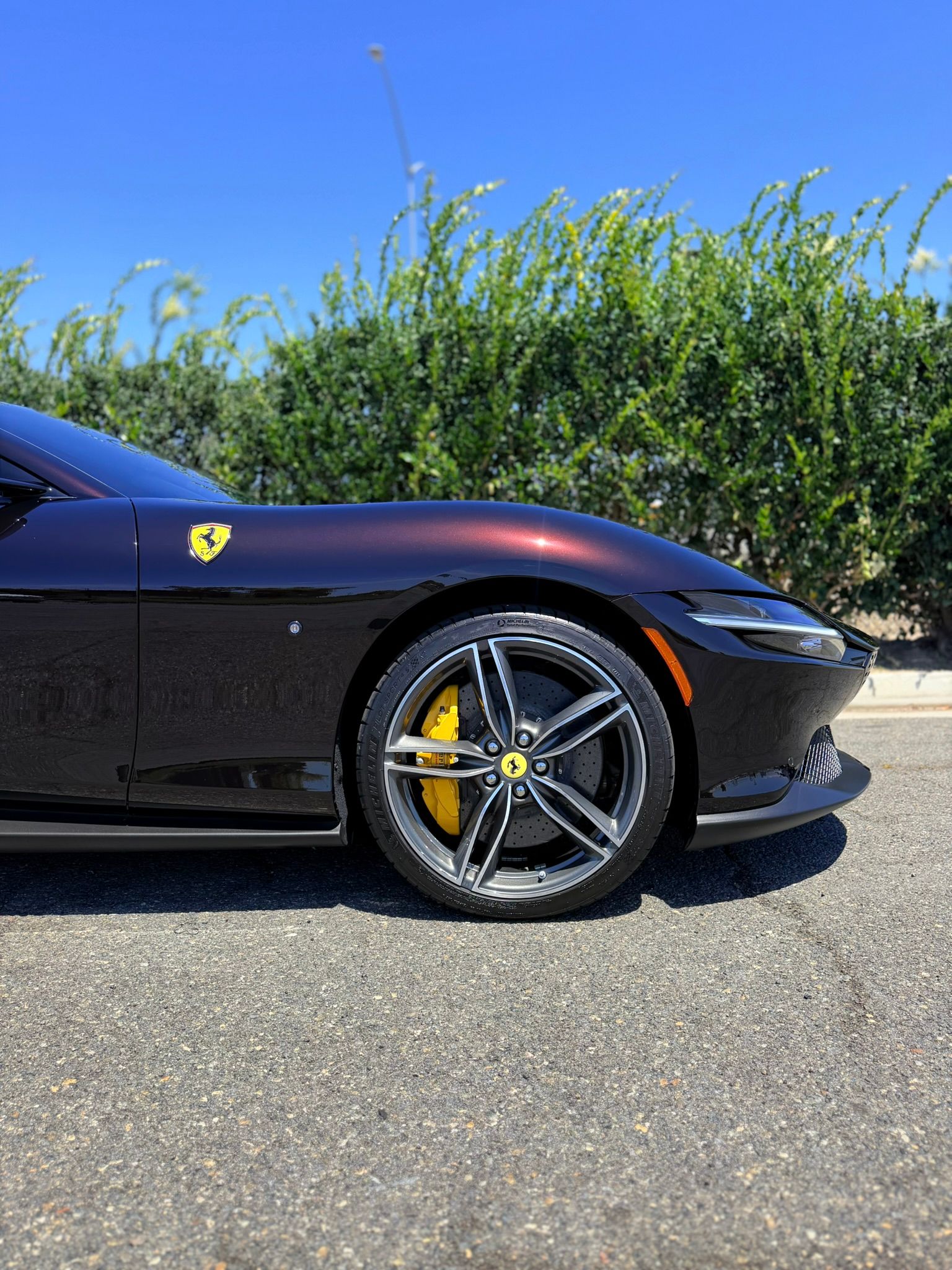 Black Ferrari sports car parked on a sunny roadside with greenery in the background