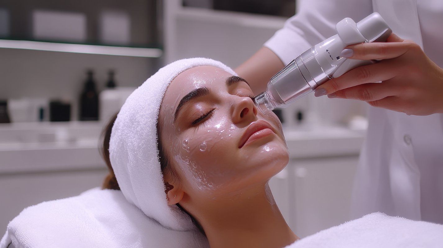 Woman receiving facial treatment, device on her face, in a spa setting, white towel around head.