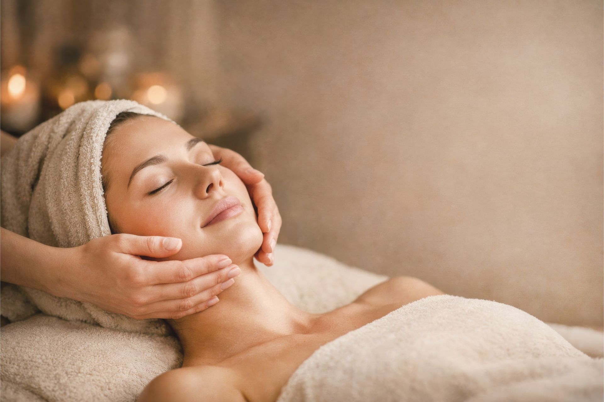 Woman receiving facial massage, eyes closed, spa setting, soft lighting.