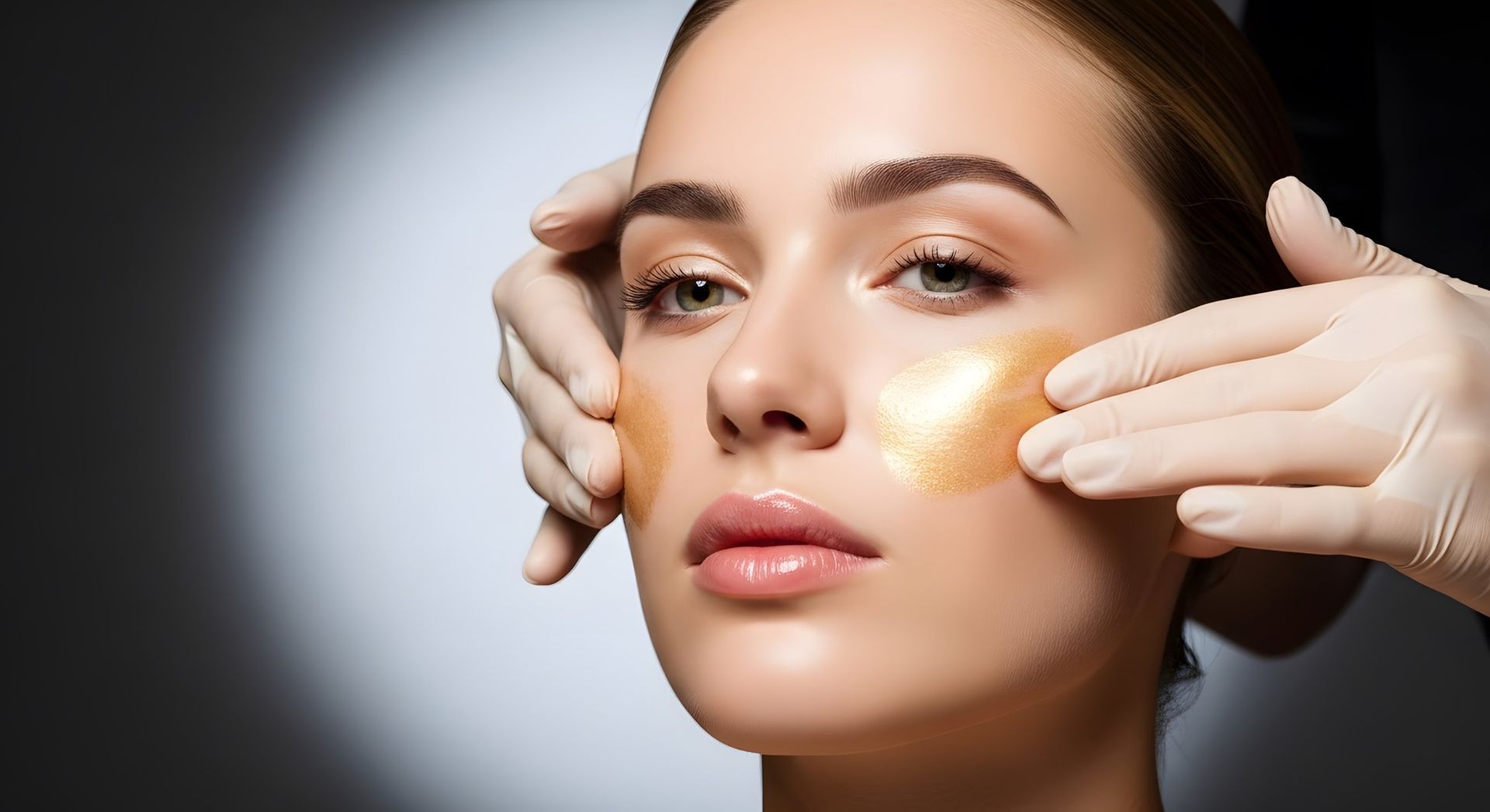 Hands in gloves on a person's face with gold-colored patches; studio setting.