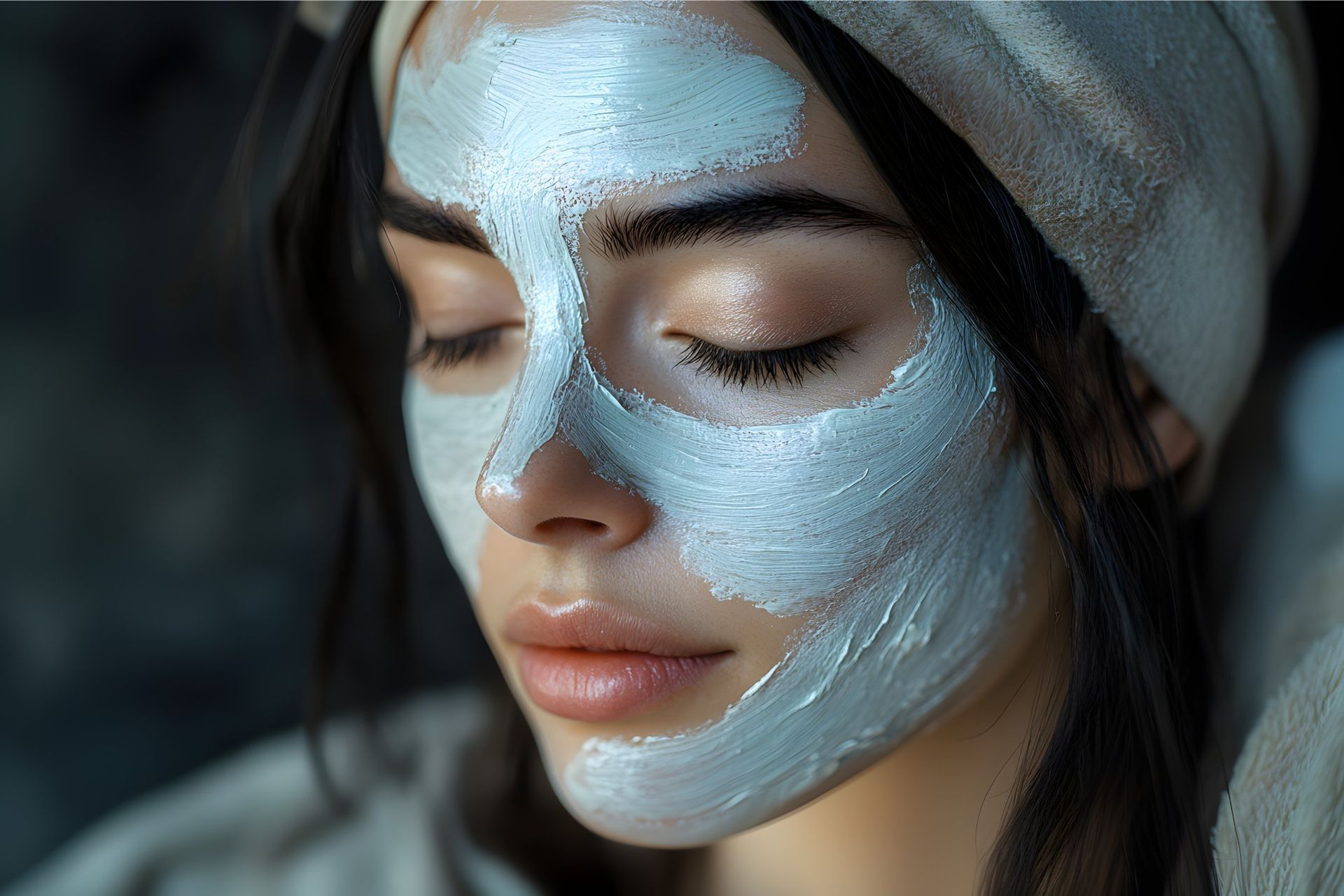 Woman with closed eyes, face covered in a light blue facial mask, wearing a head wrap.