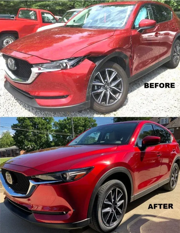 Before and After of A Red Car Restored — Cincinnati, OH — Sora's Sharon Woods Collision Center & Service LLC