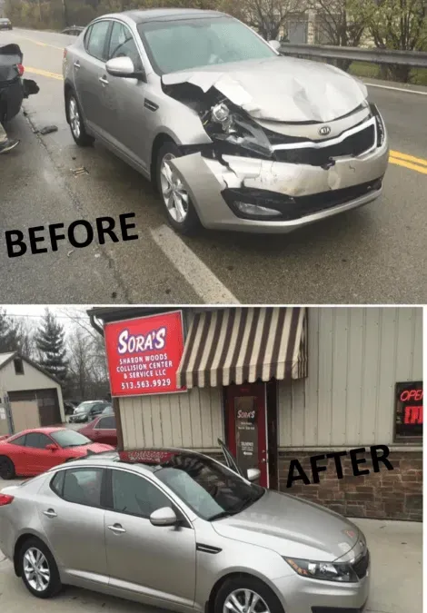 Before and After of A Kia Car Restored — Cincinnati, OH — Sora's Sharon Woods Collision Center & Service LLC