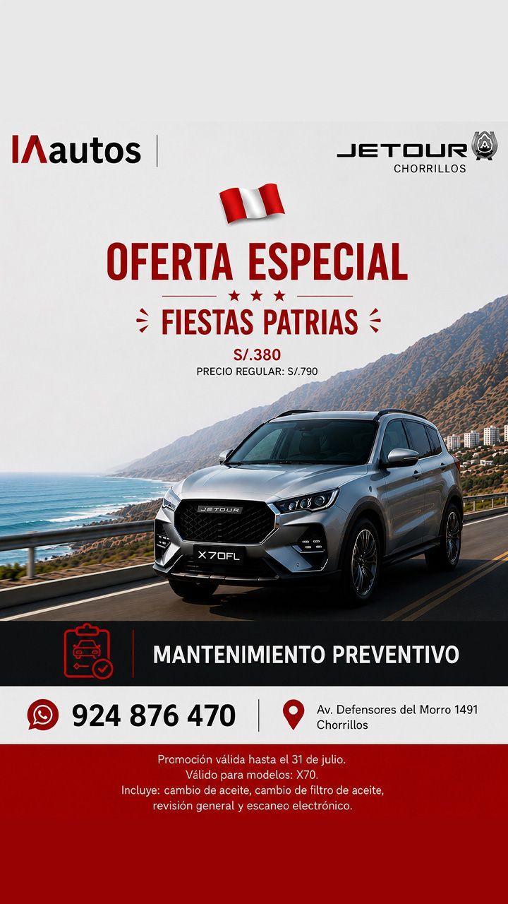 Cartel promocional de un concesionario de coches con un mecánico sonriente, un coche blanco