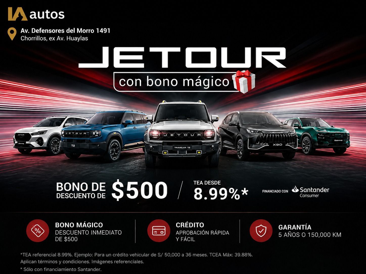 Anuncio de autos JETOUR con cinco SUV, regalo “bono mágico”, bono de $500 y financiamiento al 8.99% sobre un fondo oscuro.