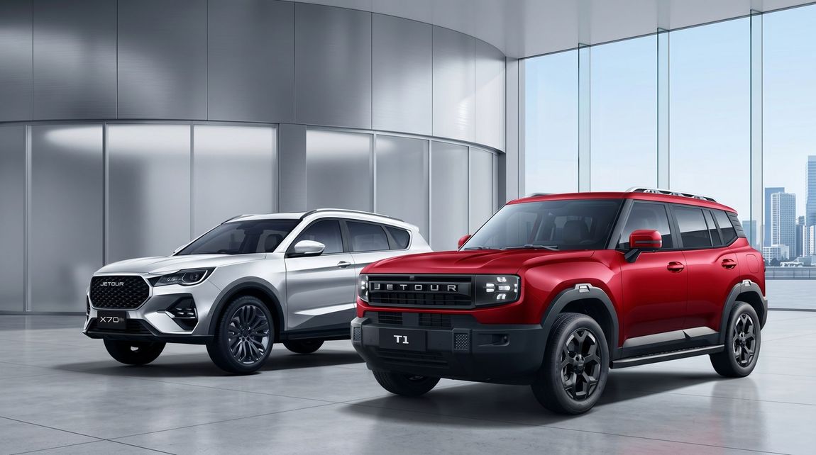 Dos SUV, uno blanco y otro rojo, expuestos en una luminosa y moderna sala de exhibición.