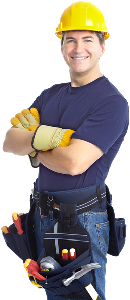 A smiling construction worker wearing a yellow hard hat and tool belt with arms crossed, against a white background.