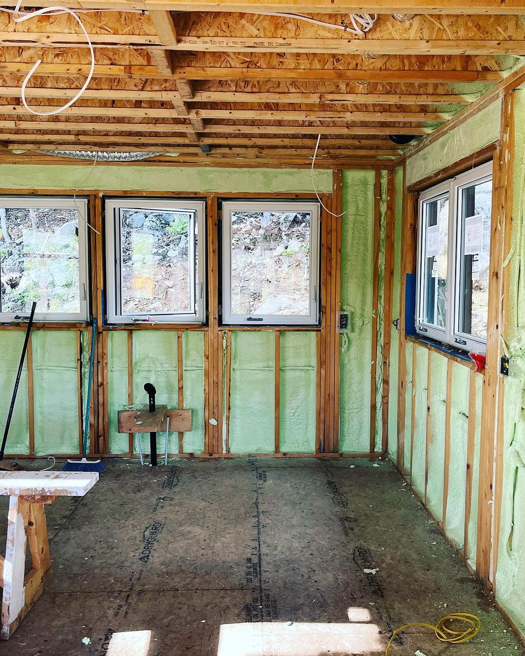 A room with a lot of windows and foam on the walls.