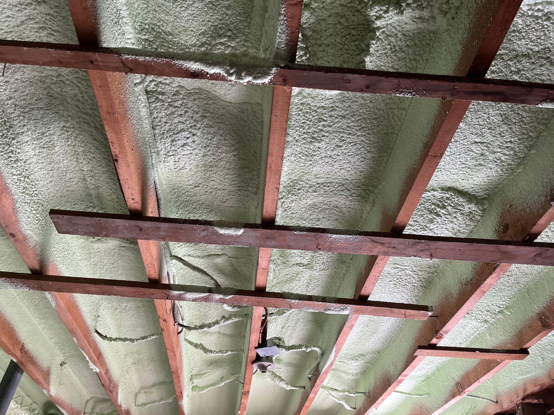 A ceiling with a lot of foam on it and wooden beams.