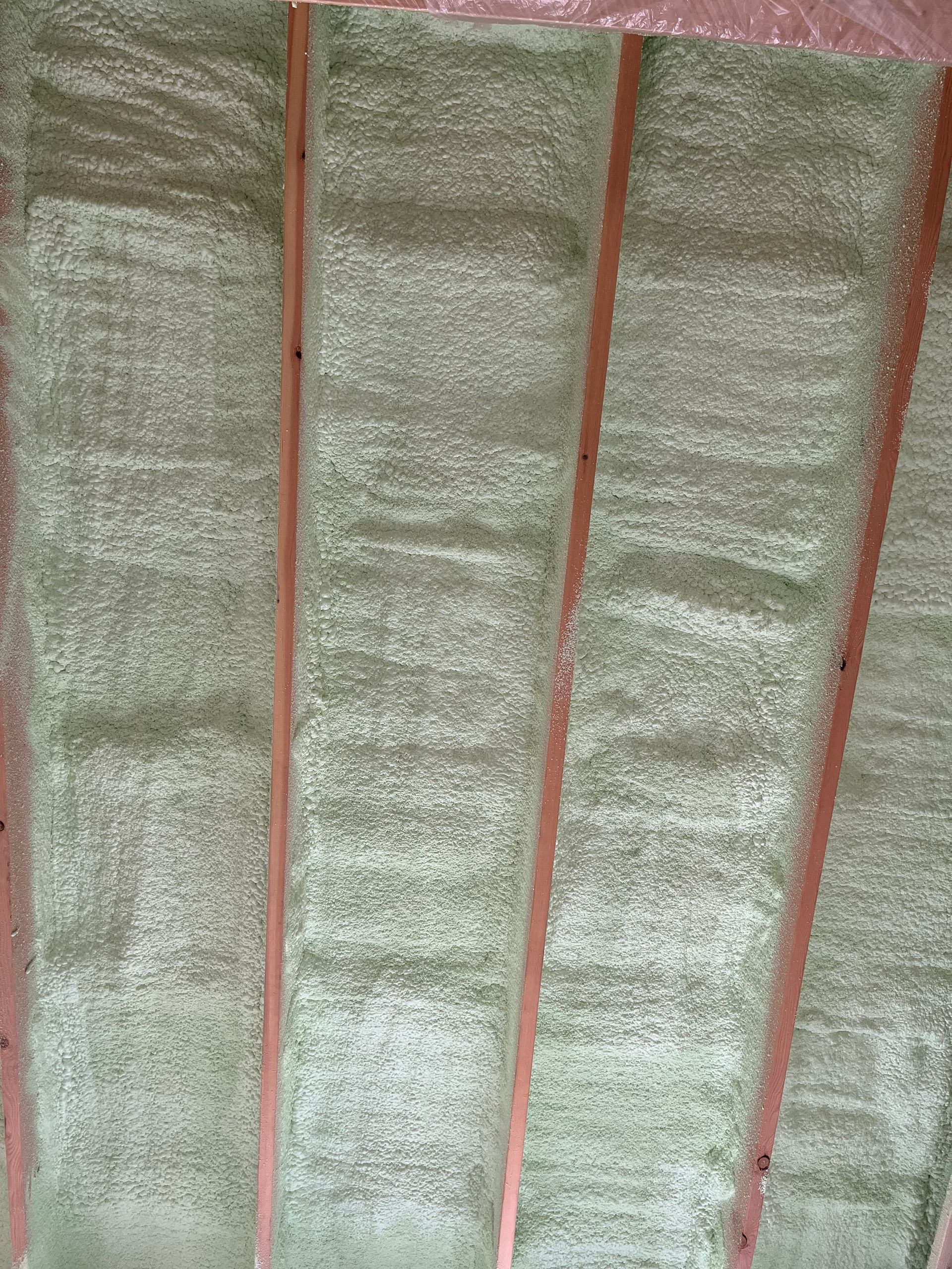 Spray foam insulation applied between red studs in a wall cavity.