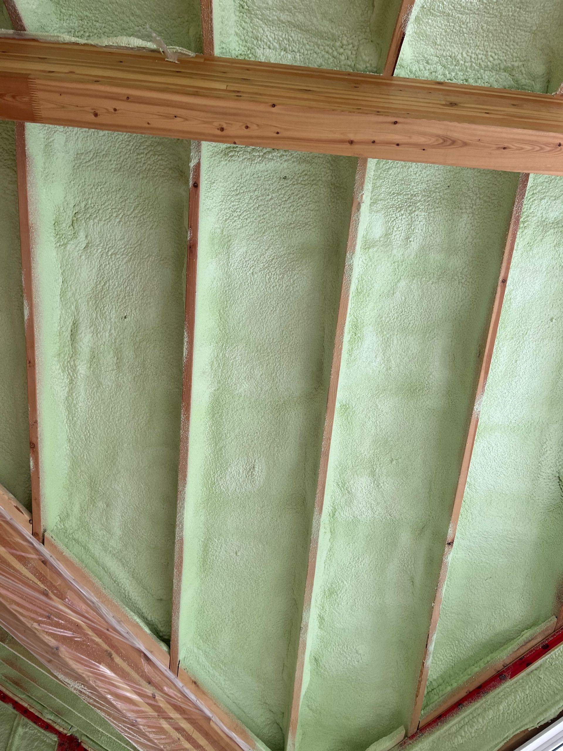 Green spray foam insulation between wooden rafters.