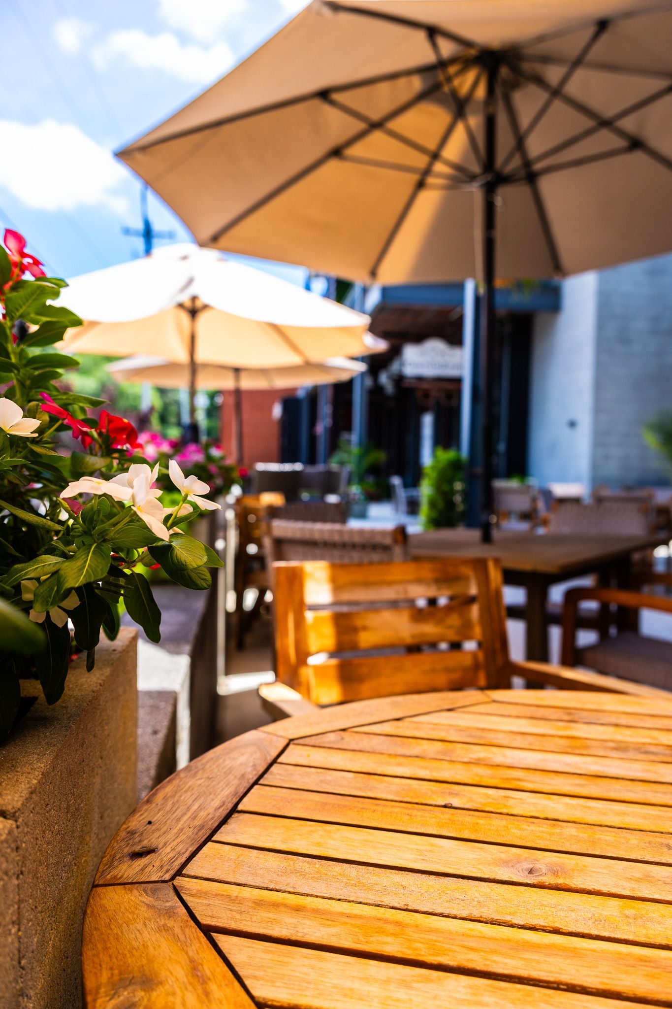 Outdoor café patio with wooden tables, beige umbrellas, and flowers in bright sunlight