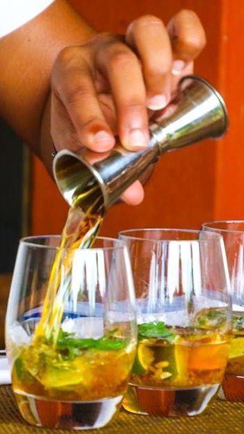Hand pouring amber drink into a row of glasses with mint and ice, against an orange background
