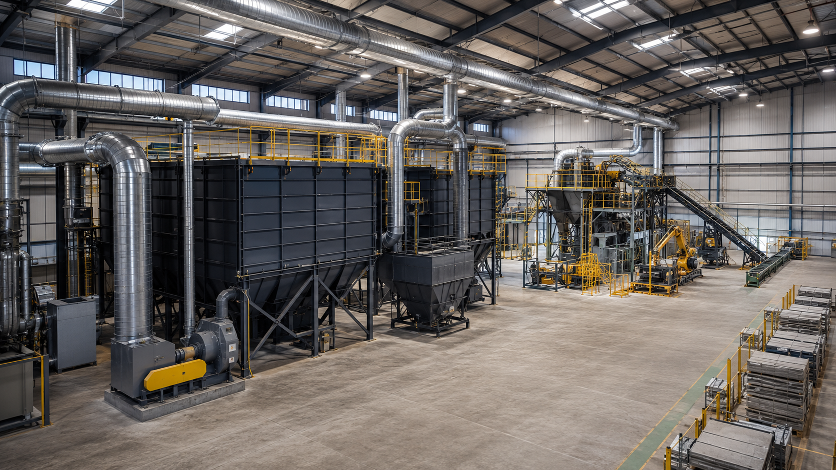Completed industrial air pollution control system integrated with processing and ventilation equipment