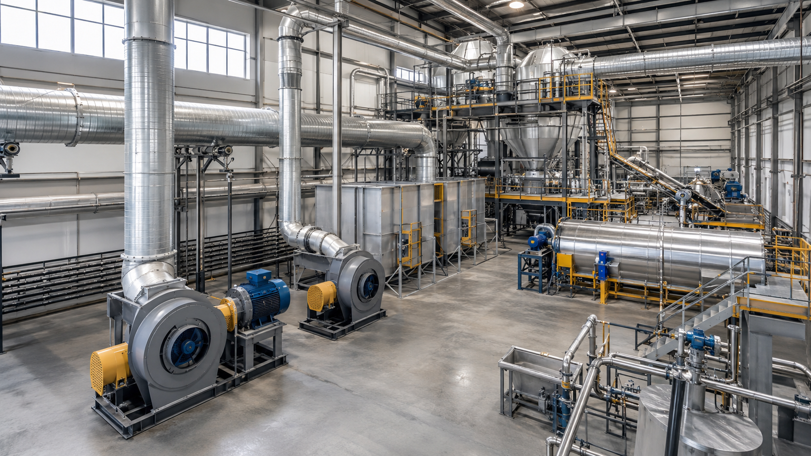 Multiple industrial fans and ductwork working together in a large modern processing facility