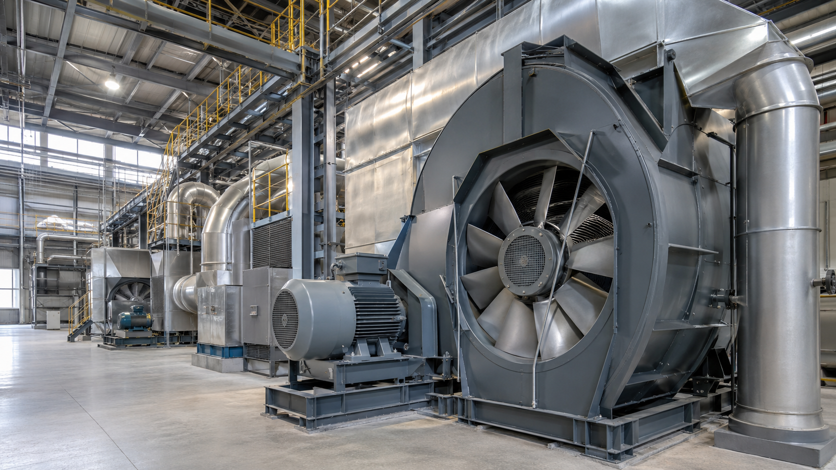 Heavy-duty industrial fan integrated with ductwork and processing equipment inside a modern facility