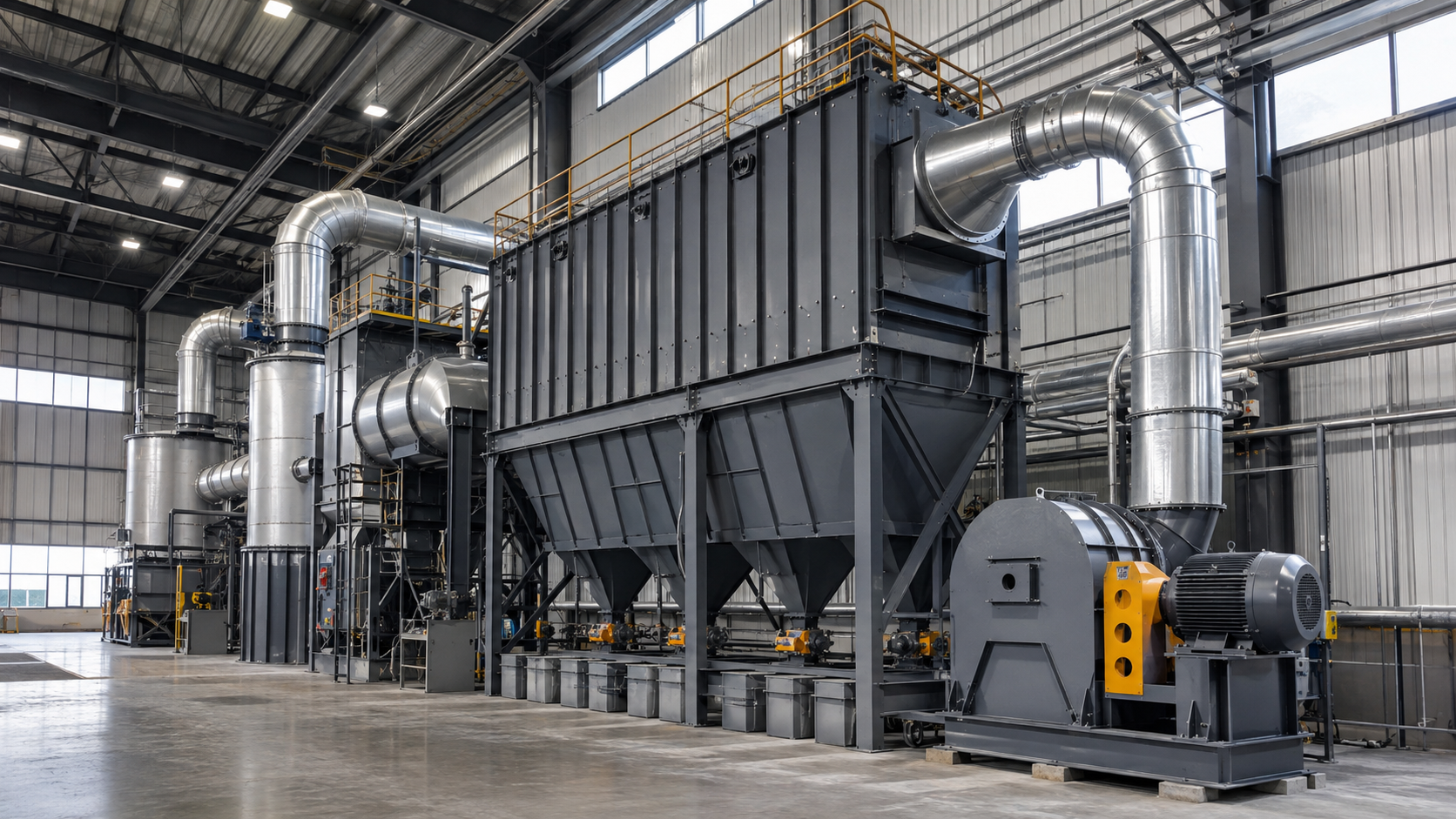 Large industrial air filtration system with metal ducts and equipment inside a factory workshop