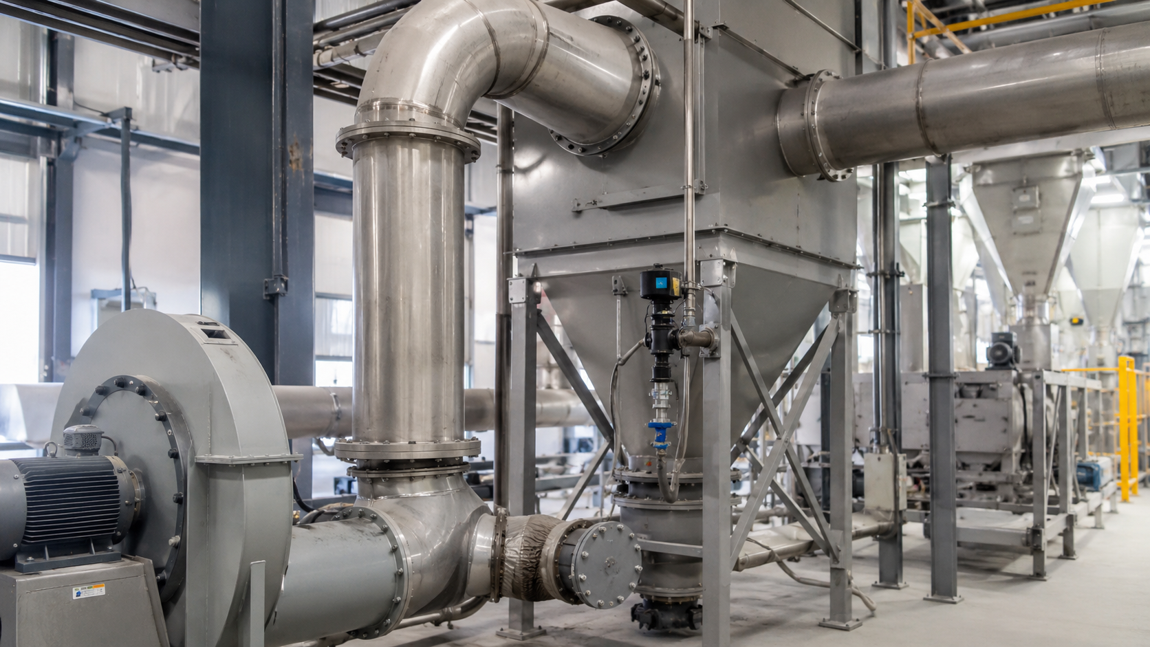 Close-up of industrial dust collector ductwork, filtration equipment, and airflow components