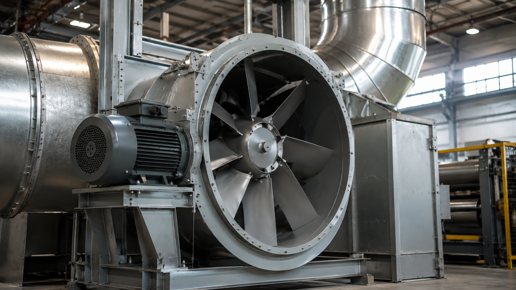 Close-up of an industrial fan connected to ductwork and mechanical equipment in a manufacturing facility