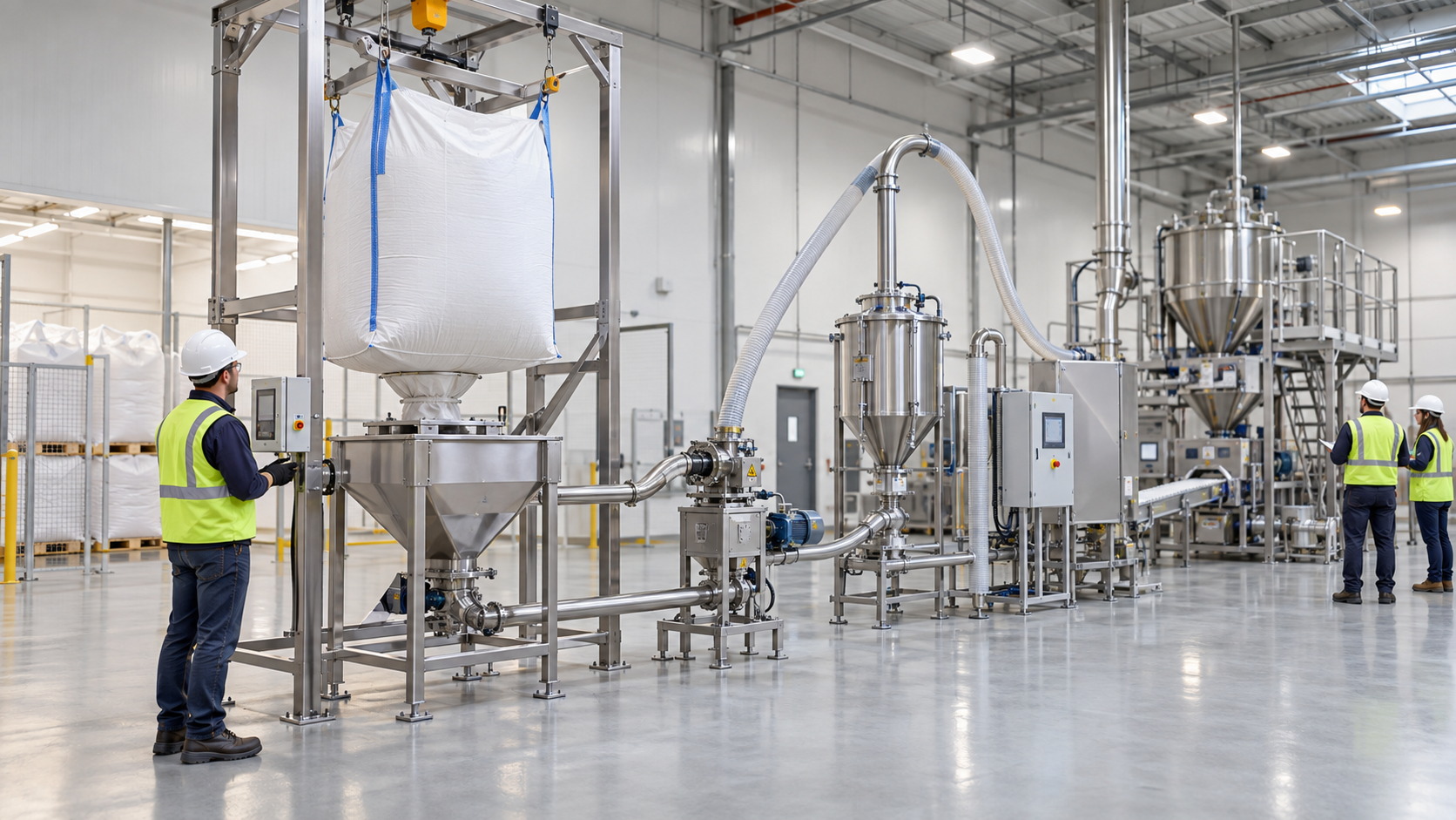 Industrial powder filling equipment with operators in a clean production facility