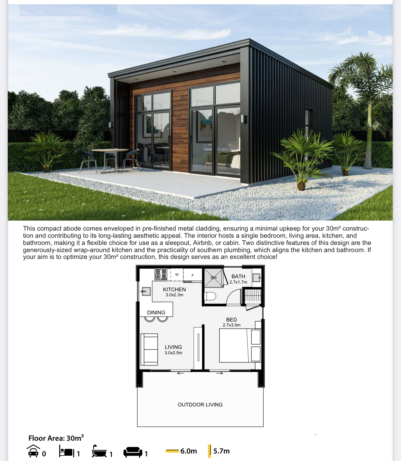 A picture of a small house with a floor plan.