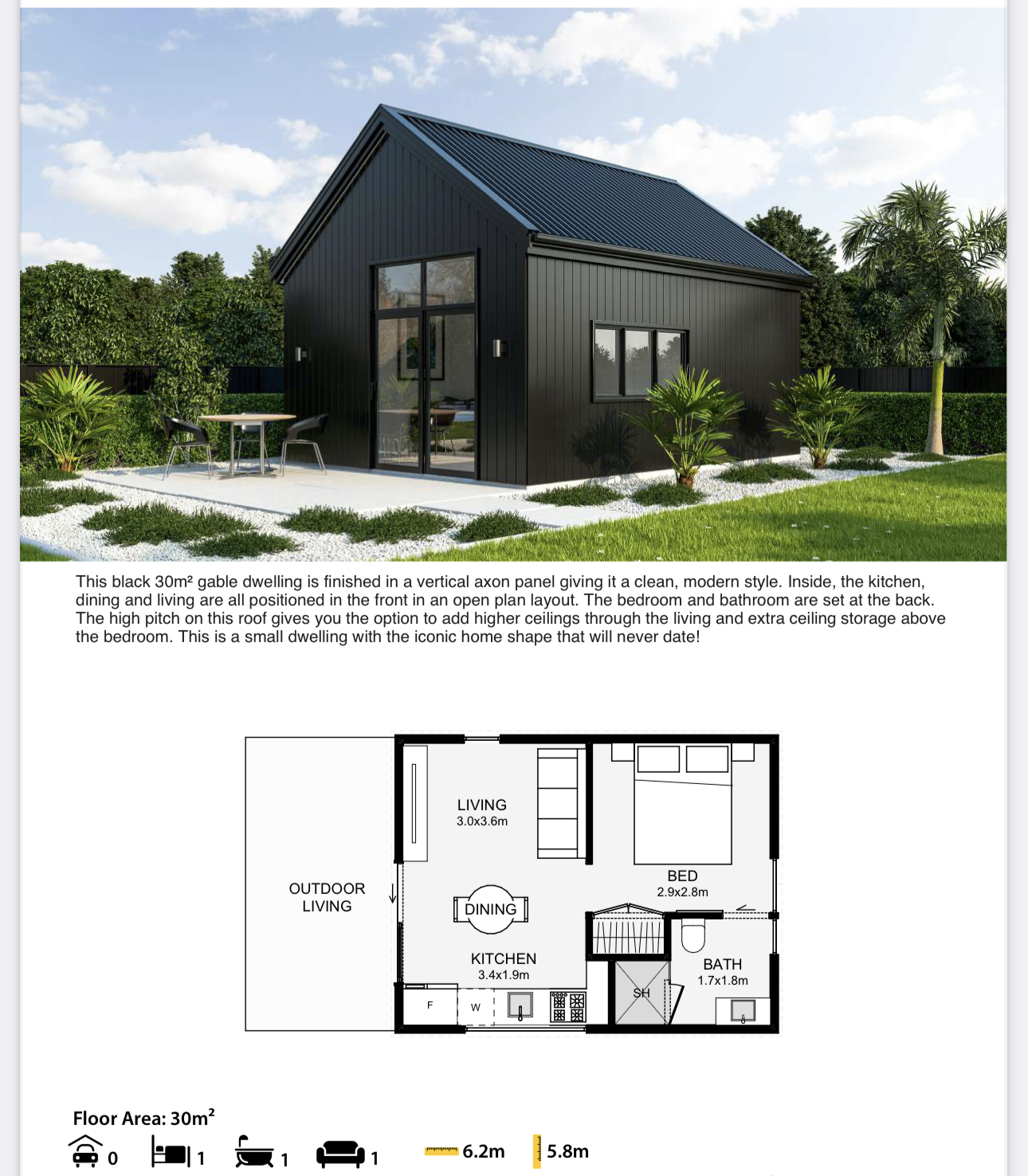 A black house with a blue roof and a floor plan