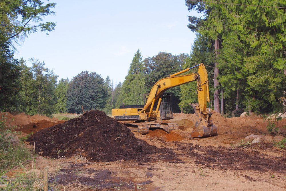 Yellow excavator digging dirt in a wooded area, brown soil and mulch piles visible.