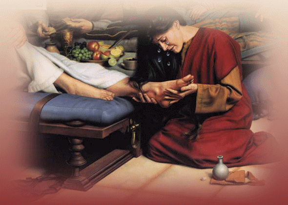 Woman washes feet of a person reclined at a table, red robes, jug, fruit.