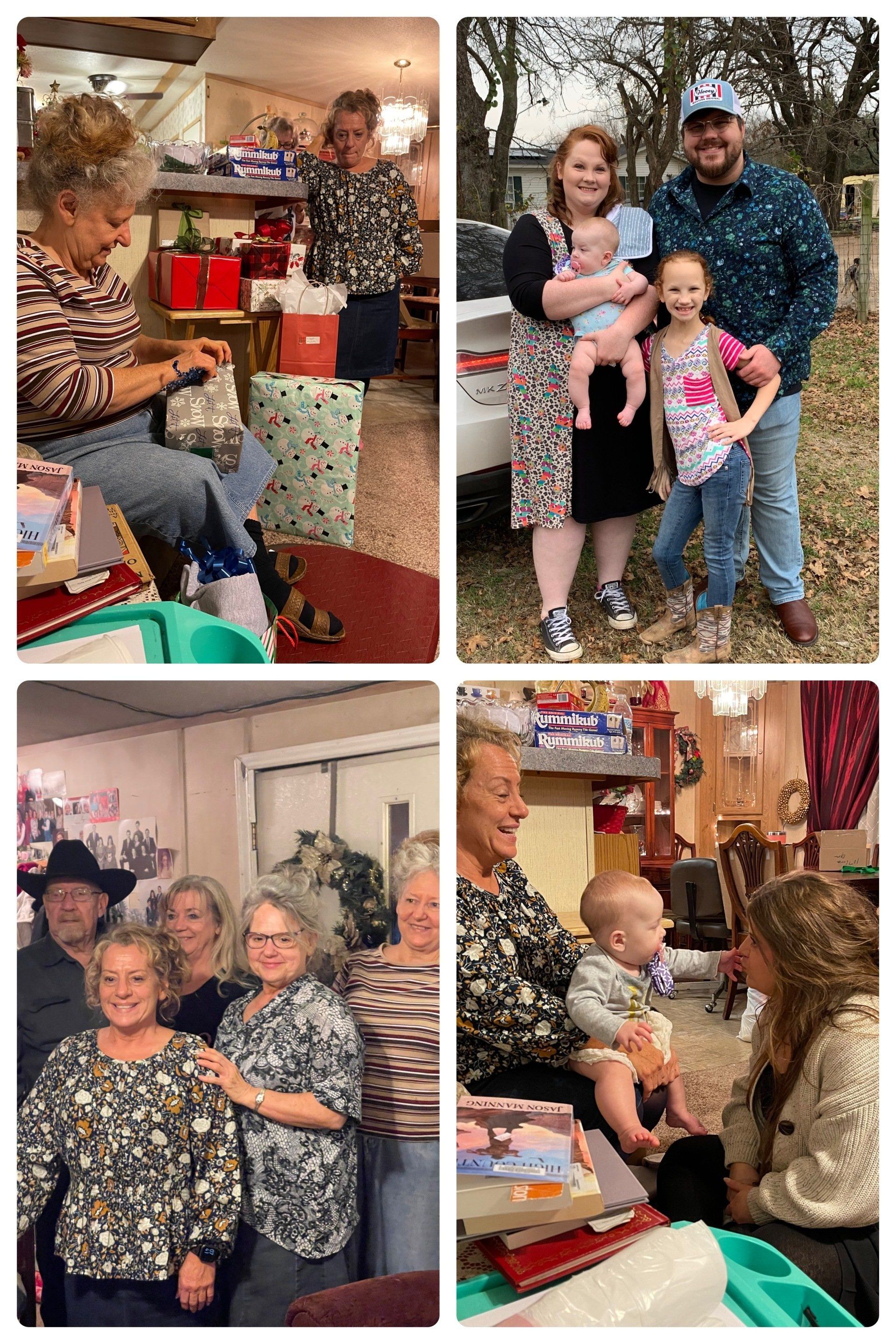 A collage of photos of a family standing next to each other.